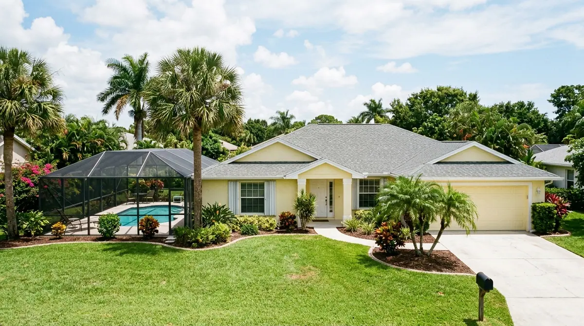 Roof repair near me in Titusville, FL: a stucco block home with a shingle roof, a screened pool enclosure and palms