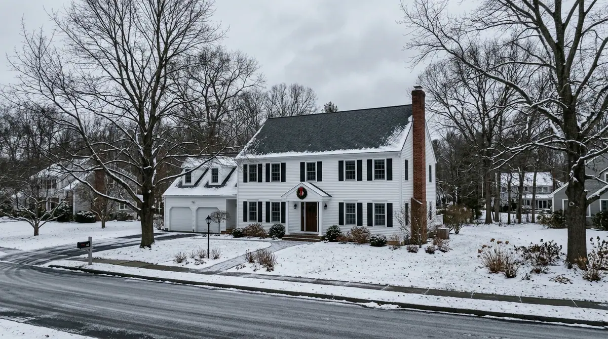 Roof repair near me in Franklin Square, NY: a white clapboard colonial with a gray shingle roof and brick chimney after a light snow
