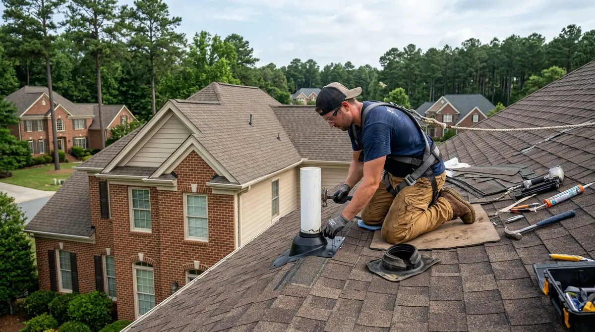 Roof repair near me: a roofer replacing a cracked pipe boot on an architectural shingle roof